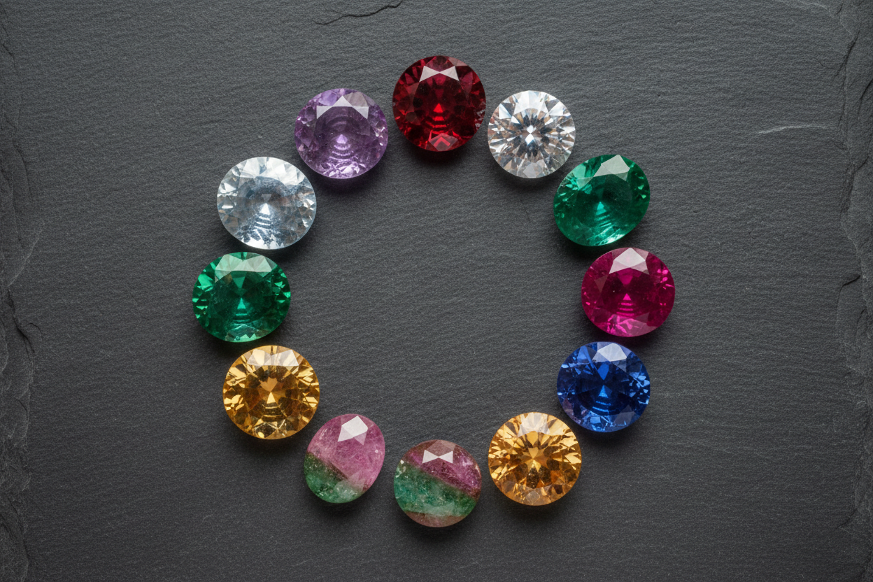 A flat-lay of all 12 natural gemstone birthstones arranged on dark slate