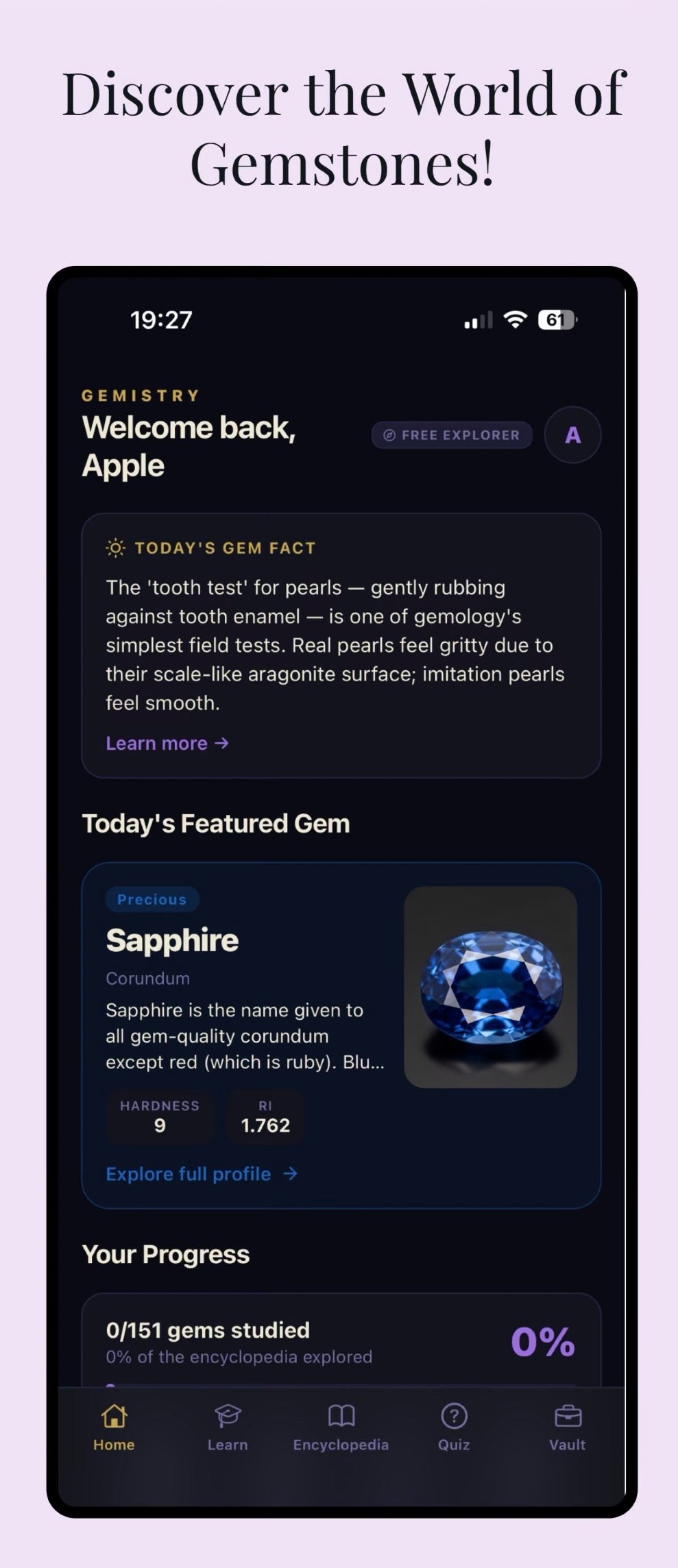 Gemistry Pro app screenshot showing the home screen with Today's Gem Fact and Featured Gem Sapphire