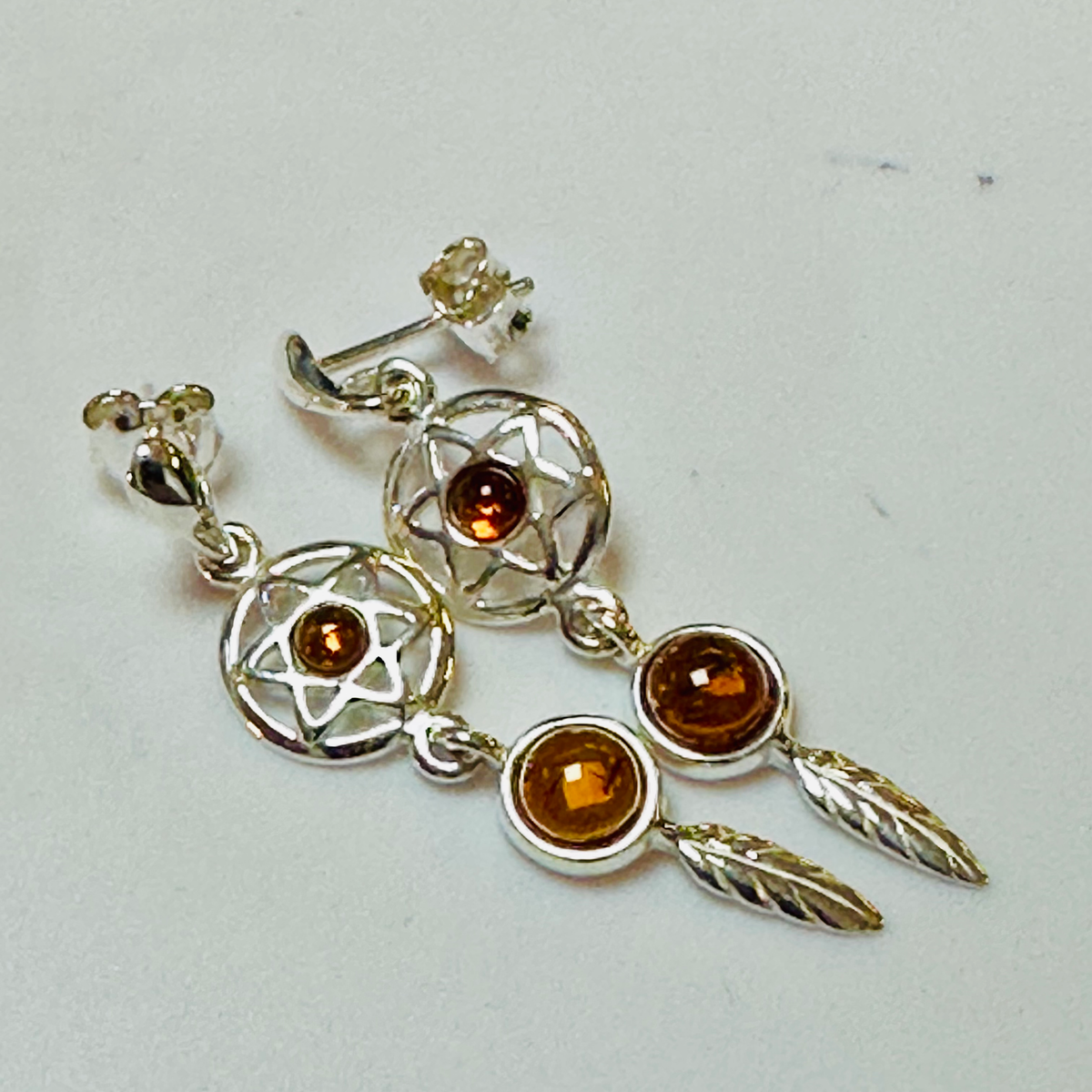 Sterling silver Amber dreamcatcher earrings image 1