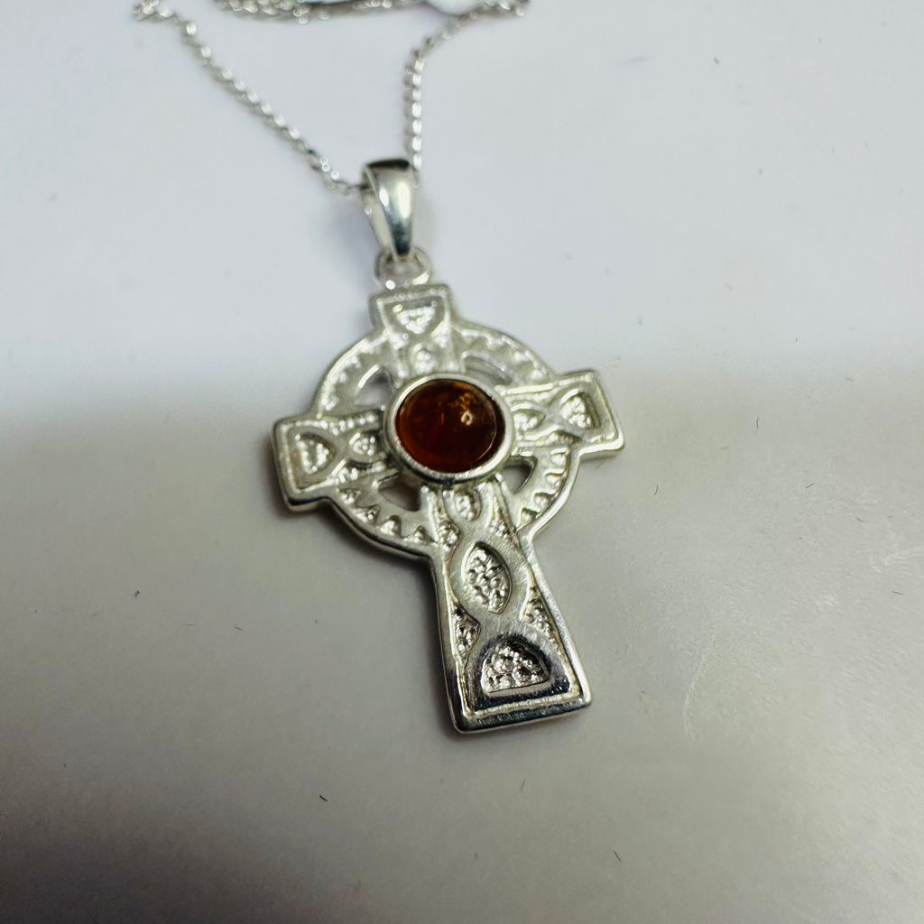 Sterling silver celtic cross with amber 16in chain image 1