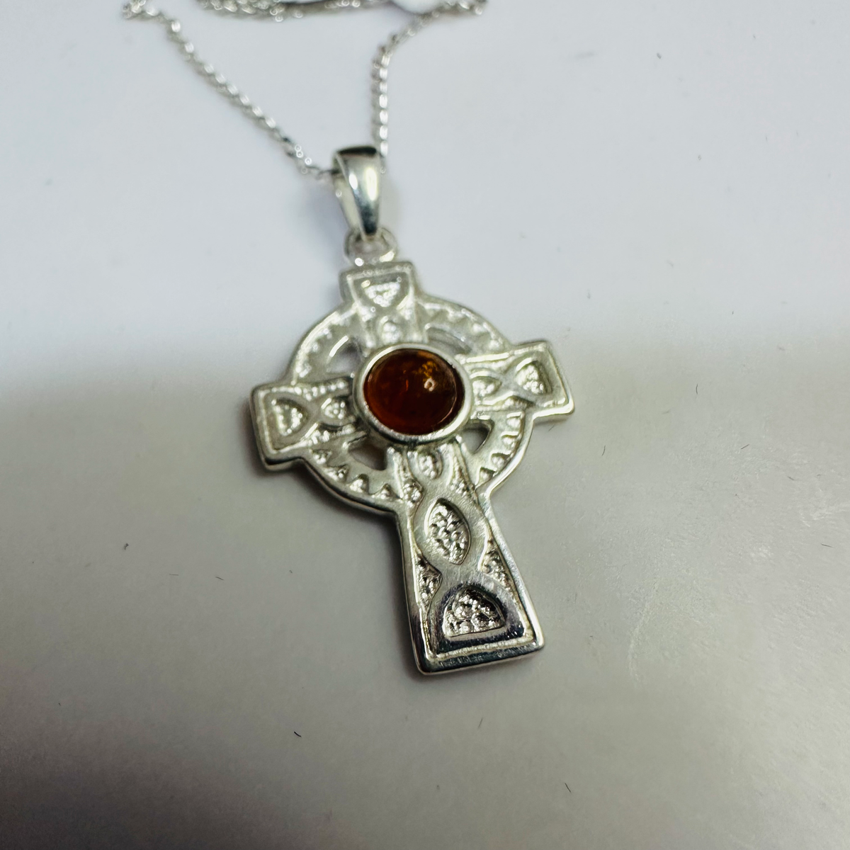 Sterling silver celtic cross with amber 16in chain image 1