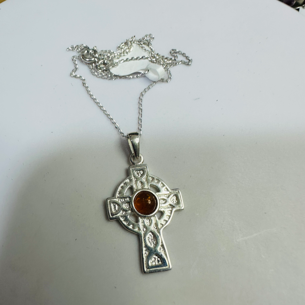 Sterling silver celtic cross with amber 16in chain image 3