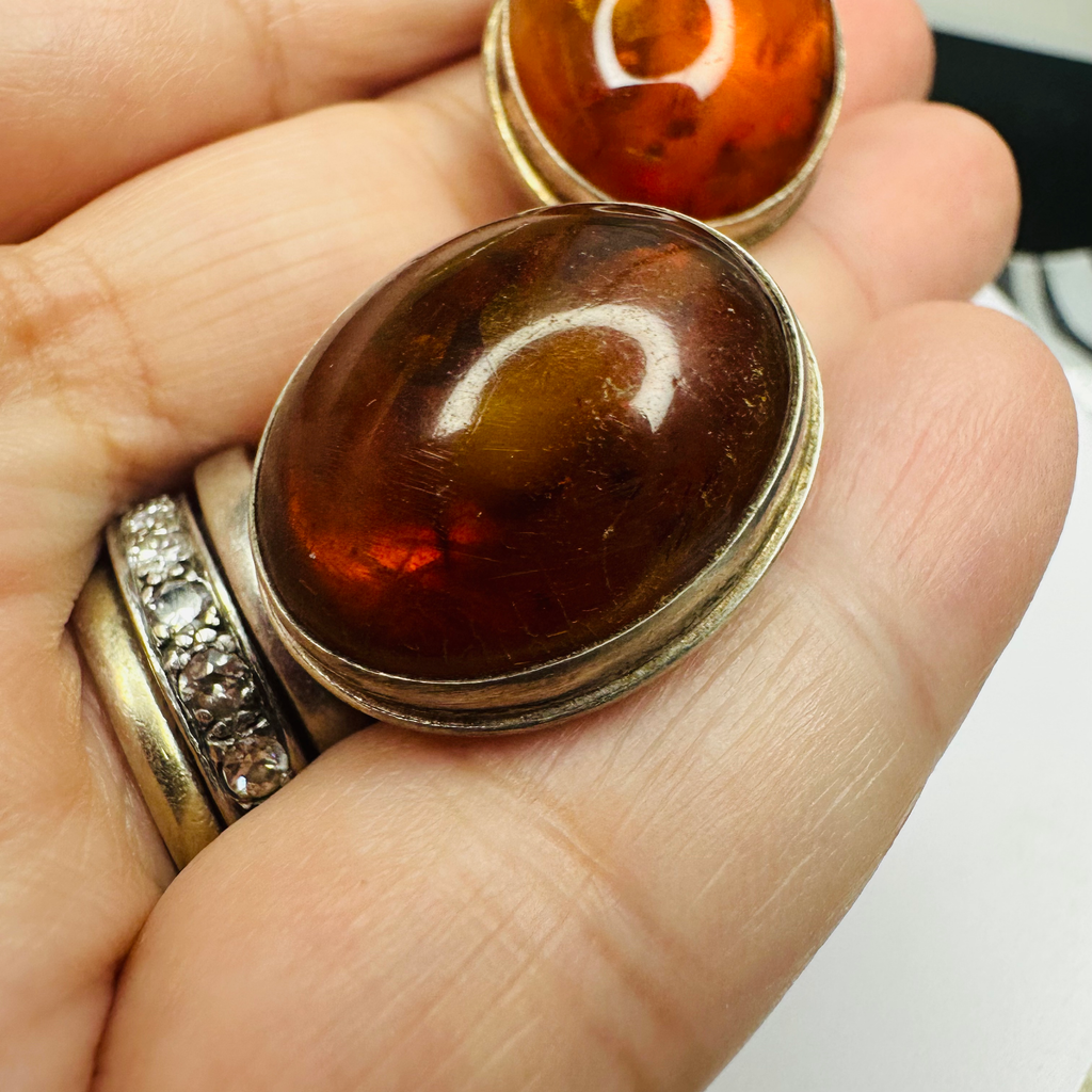 Large Amber earrings clip on in 925 sterling silver image 6