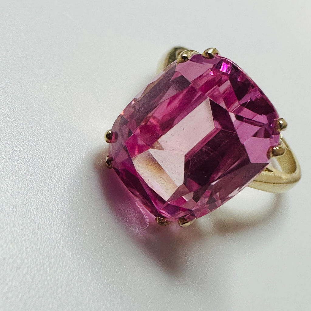 Hand cut Synthetic Sapphire Dusty Pink 9ct yellow gold ring size O 1/2 image 2