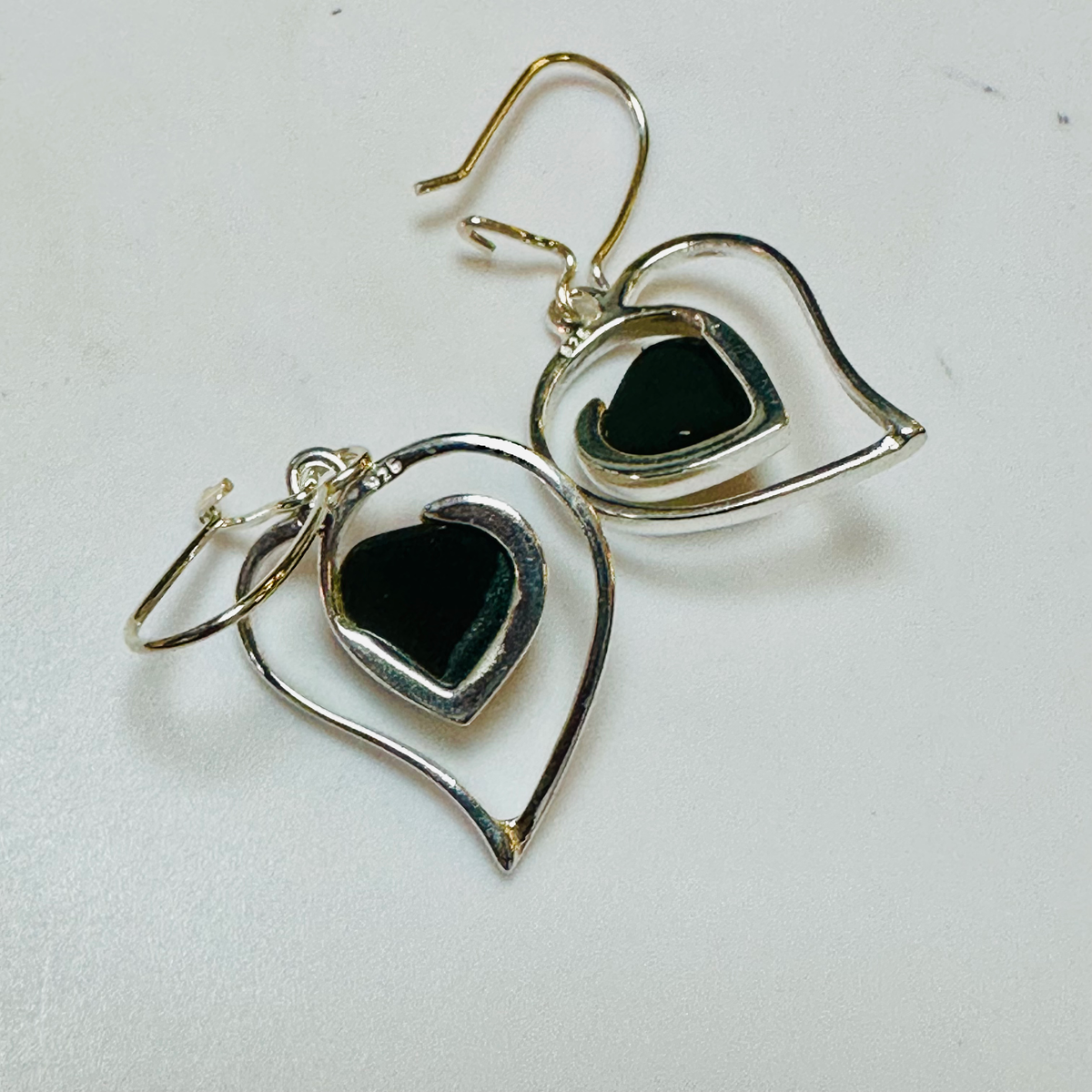Sterling silver green amber heart earrings image 2
