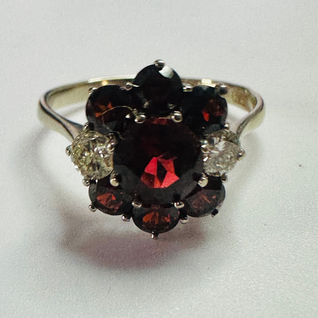 18ct white gold Garnet and Diamond cluster ring size V image 1