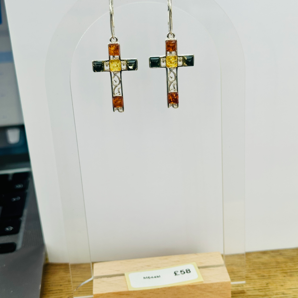 New Sterling silver Amber Multi coloured Cross earrings image 4