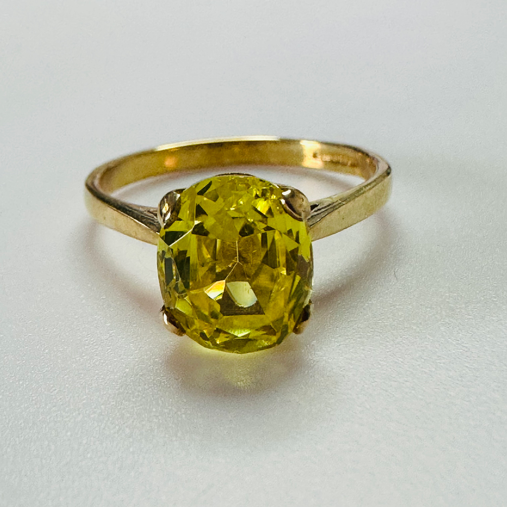 Hand cut Synthetic Sapphire Lemon Yellow 9ct yellow gold ring size N image 0