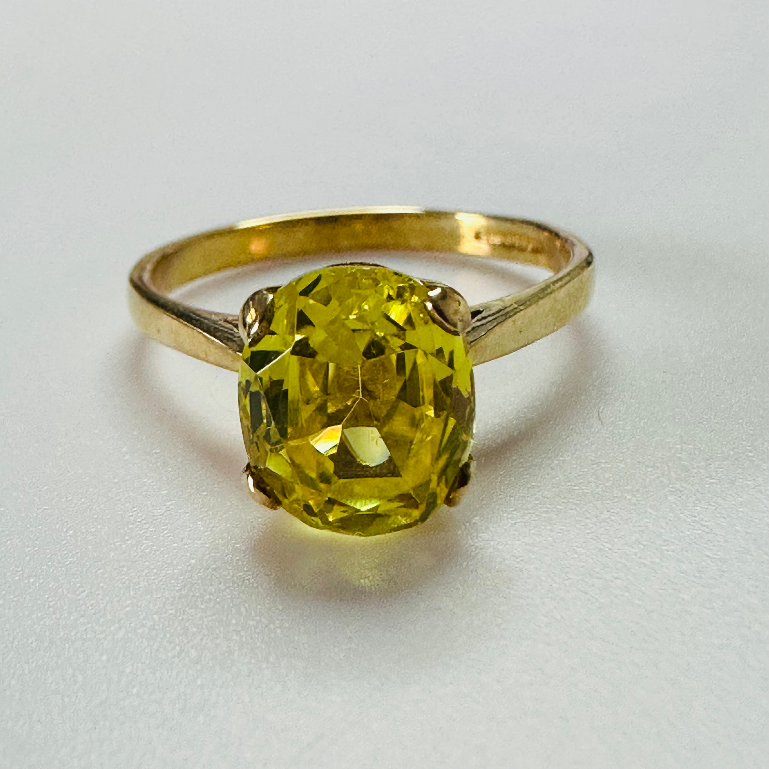 Hand cut Synthetic Sapphire Lemon Yellow 9ct yellow gold ring size N image 0