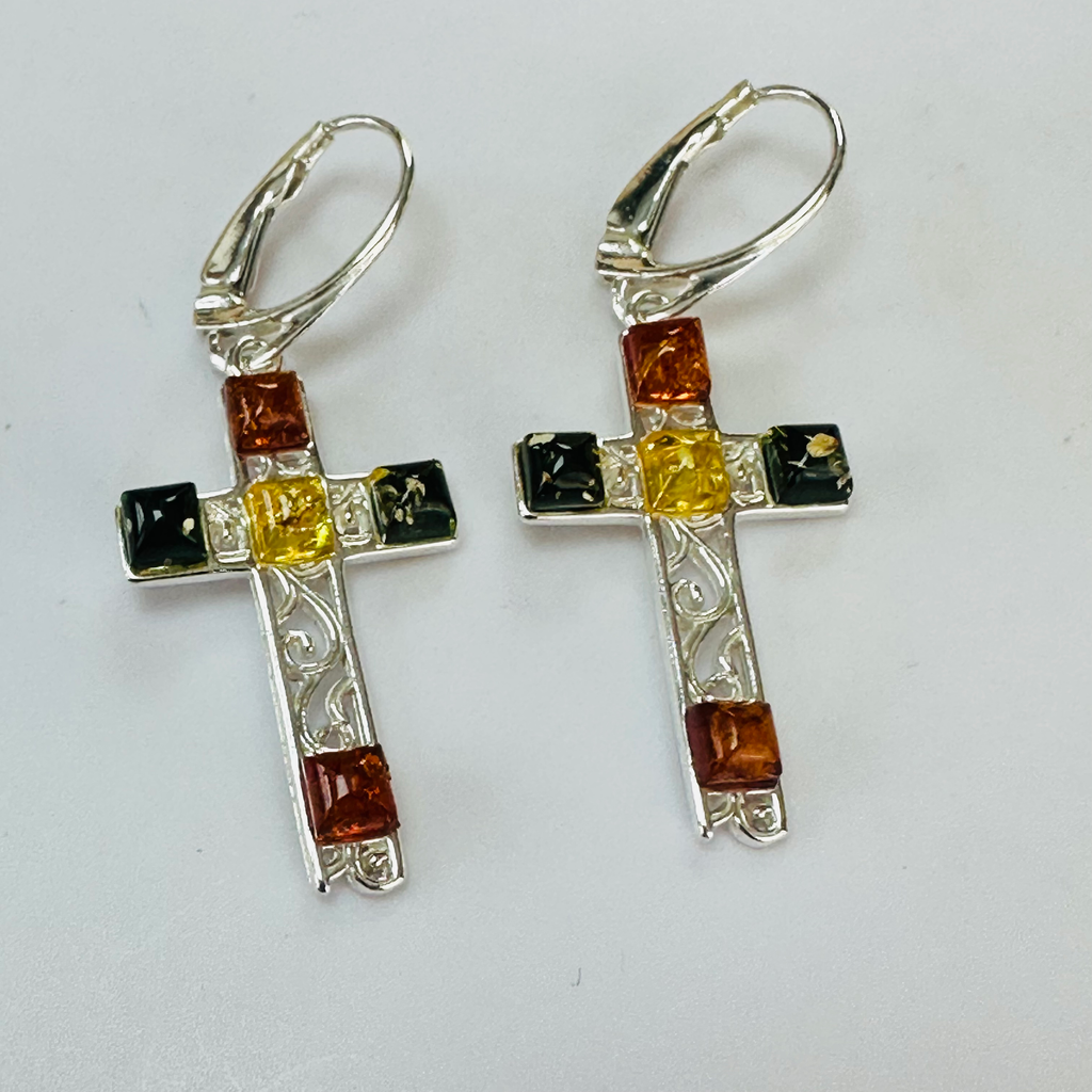 New Sterling silver Amber Multi coloured Cross earrings image 8