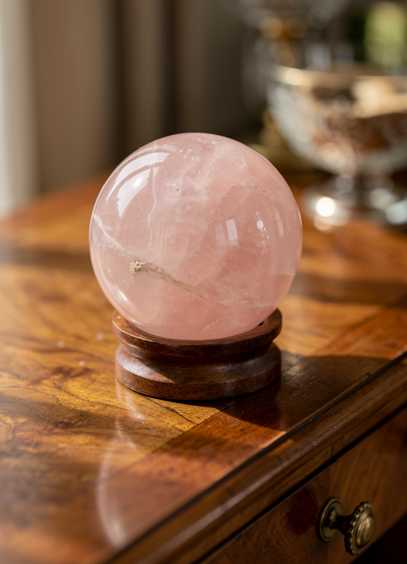 Rose quartz sphere on wood stand 45mm image 0
