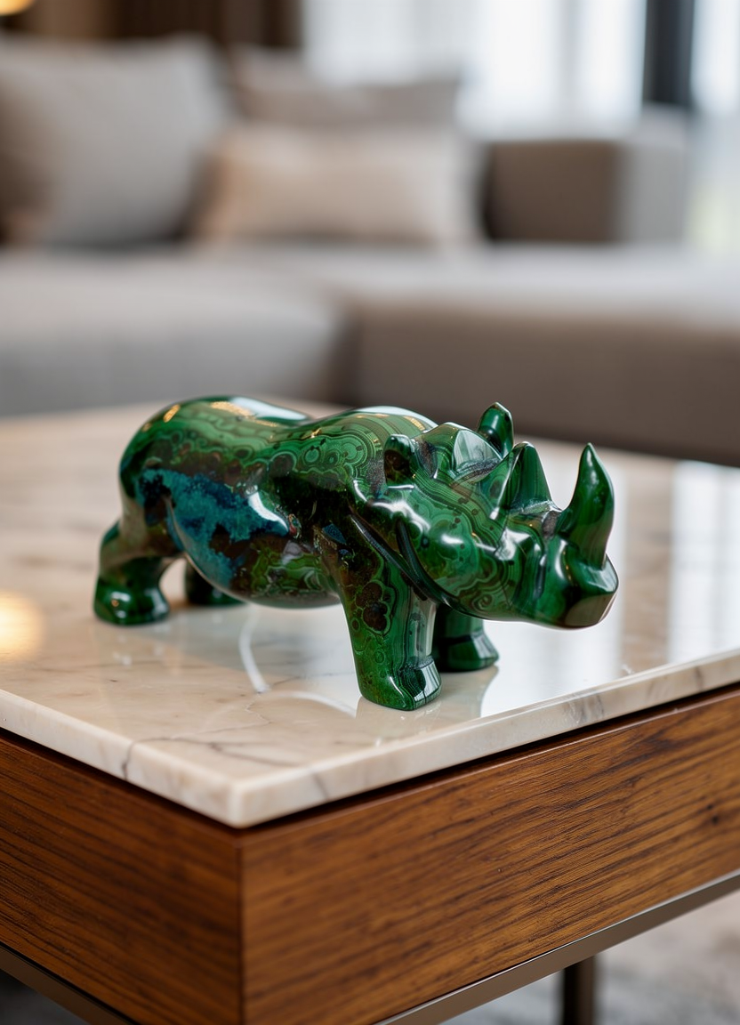 Malachite Carving of a Rhino 79mm across 121g image 0