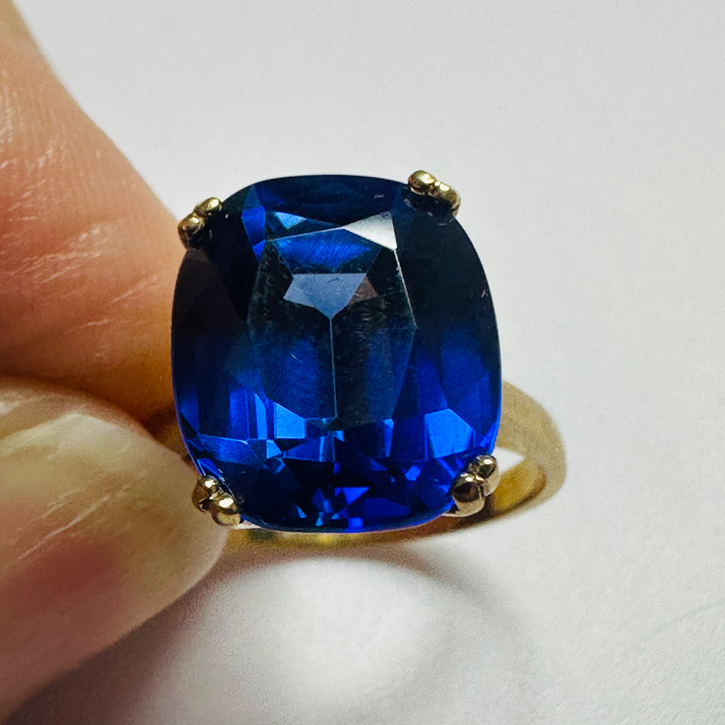 Hand cut Synthetic Sapphire Royal Blue  9ct yellow gold ring size N1/2 image 6