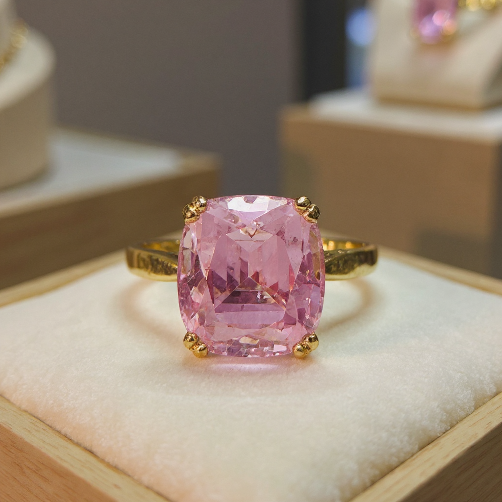 Hand cut Synthetic Sapphire Pale Pink Yellow 9ct yellow gold ring sizeN image 0