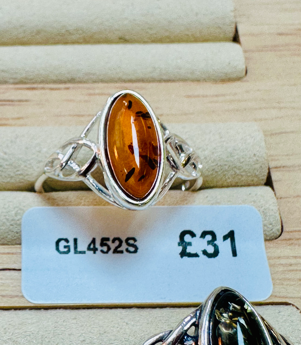 Sterling silver long Amber Oval ring S image 0