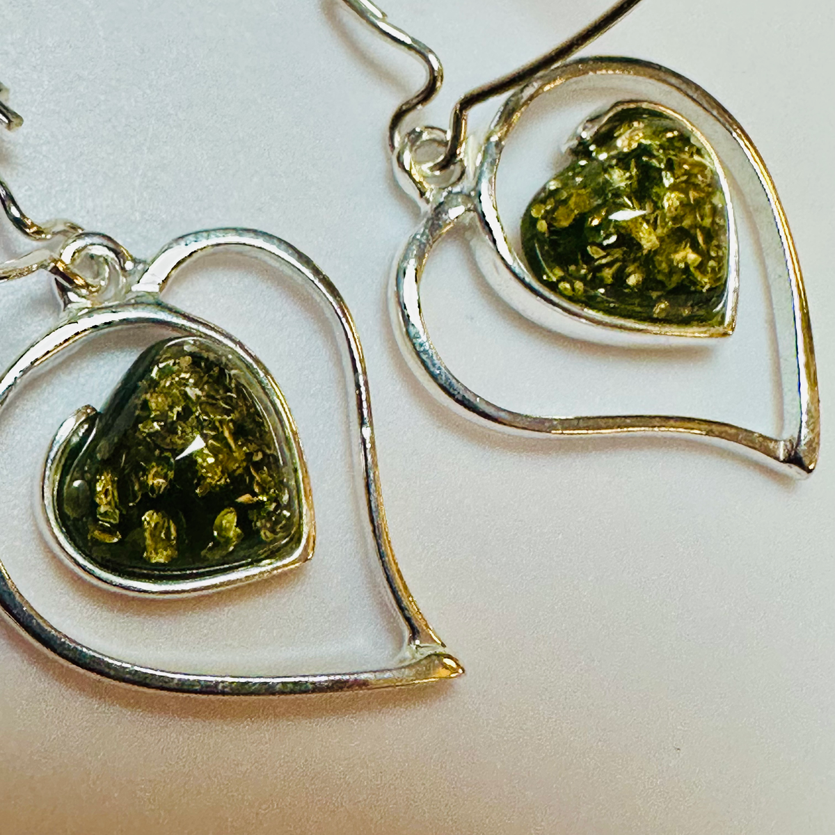 Sterling silver green amber heart earrings image 6