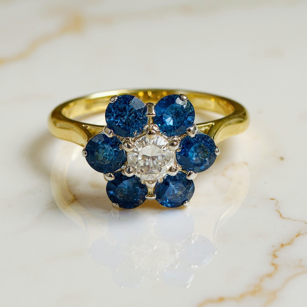 NEW 9ct Diamond and Sapphire Cluster Ring P 1/2 image 0