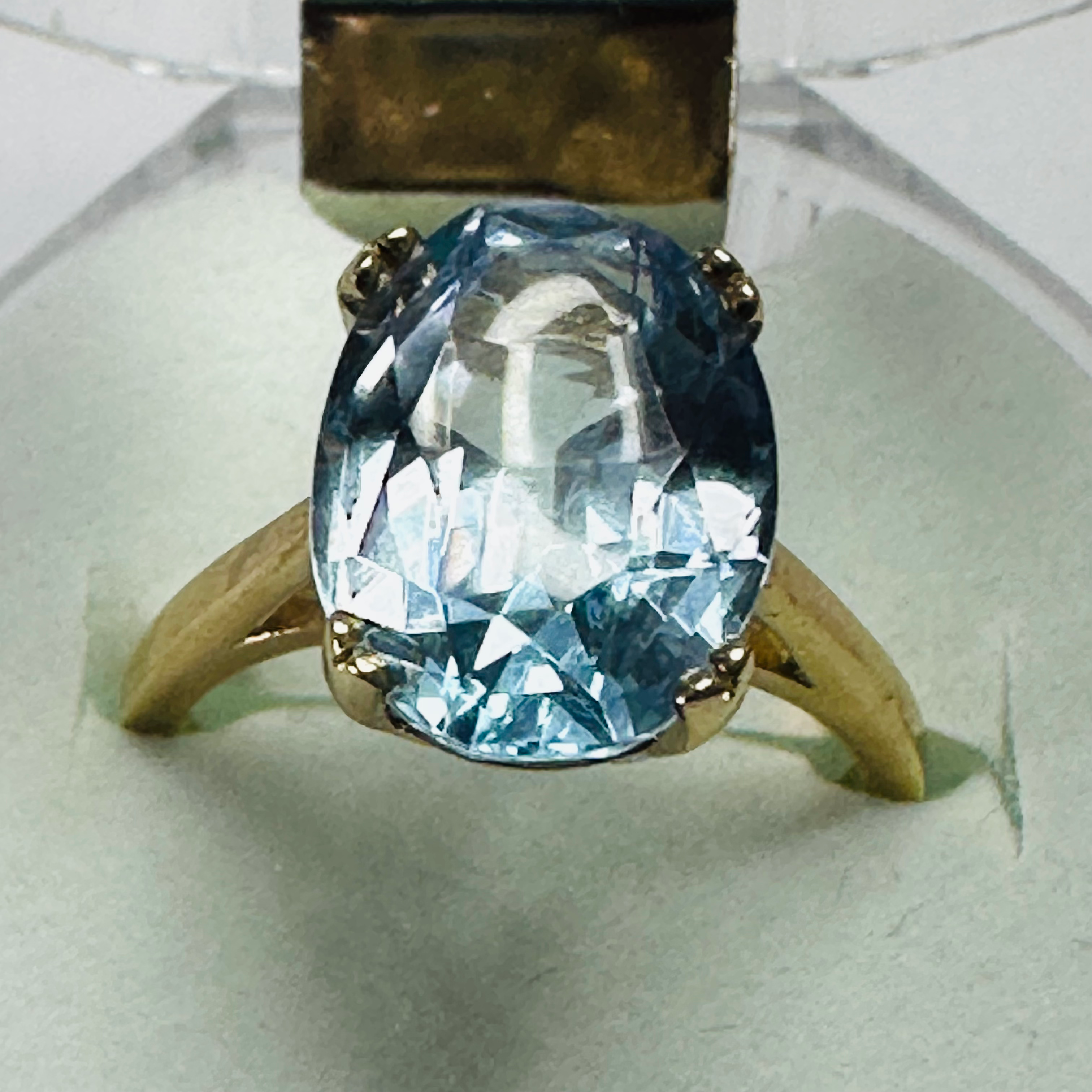 Hand cut Synthetic Sapphire baby blue 9ct yellow gold ring sizeN image 1