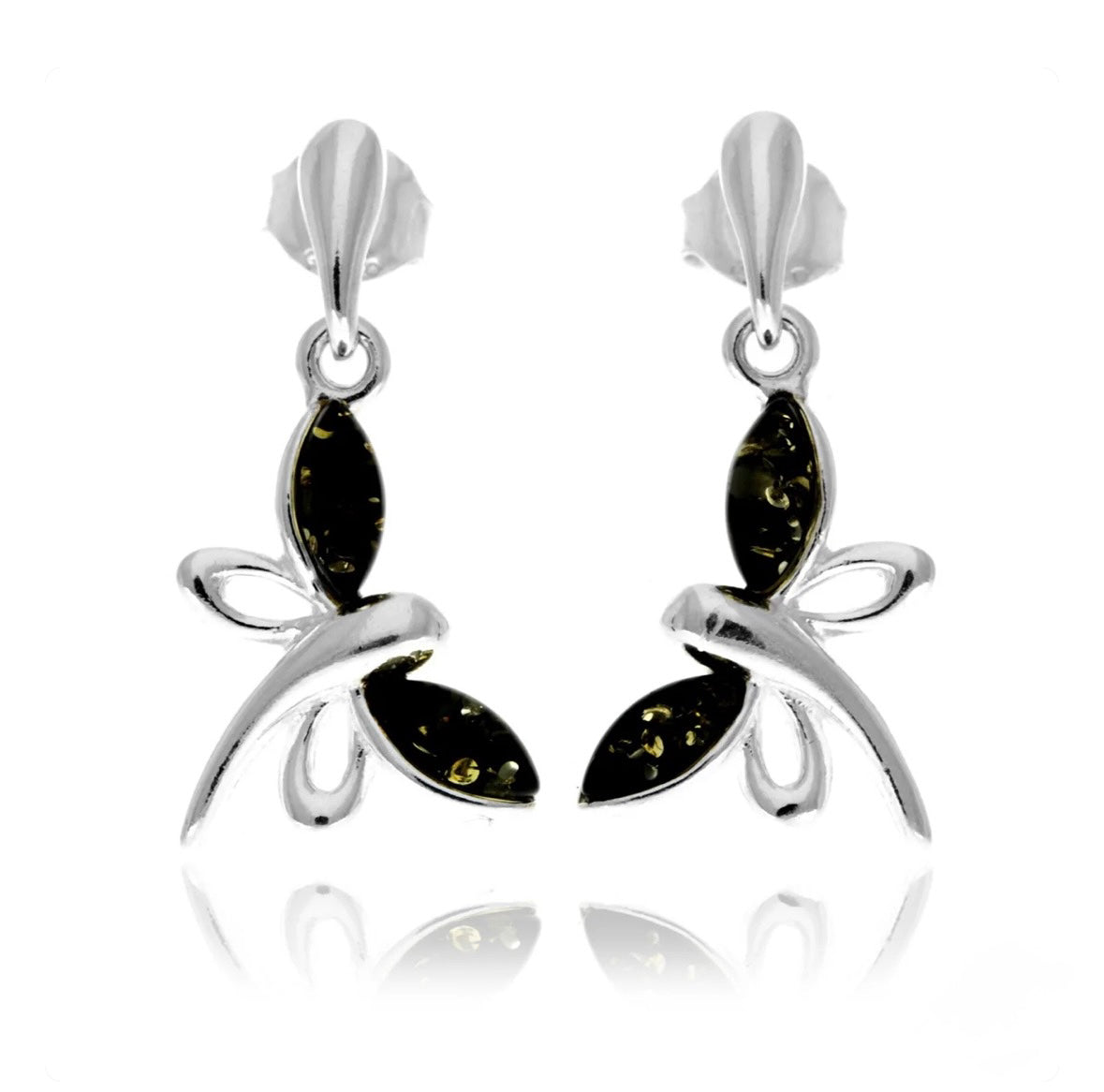 925 Sterling Silver & Genuine Baltic Amber Butterfly Drop Studs Earrings image 0