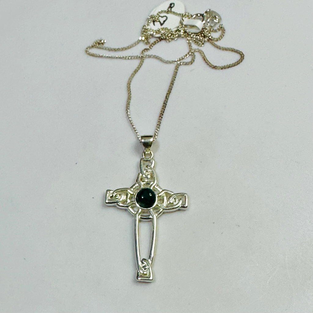 Sterling silver fillergree cross with moss agate  image 0