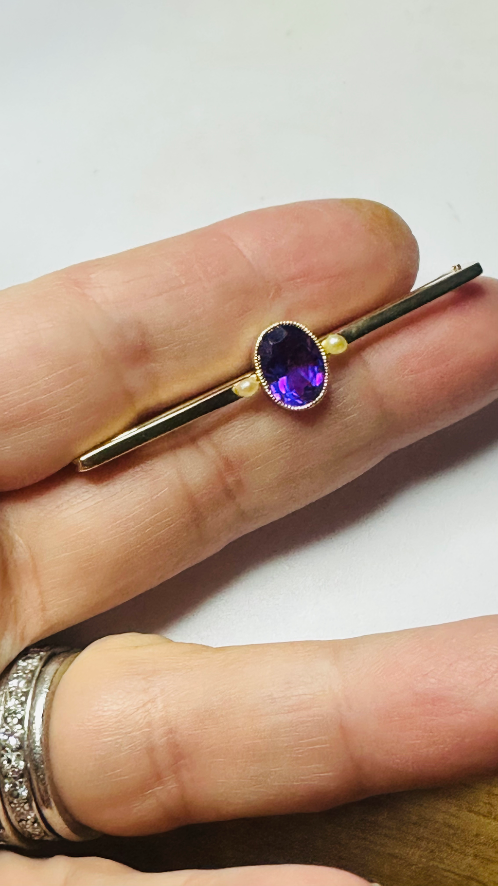 Antique 14ct Deep Purple amethyst and pearl brooch 54mm image 4