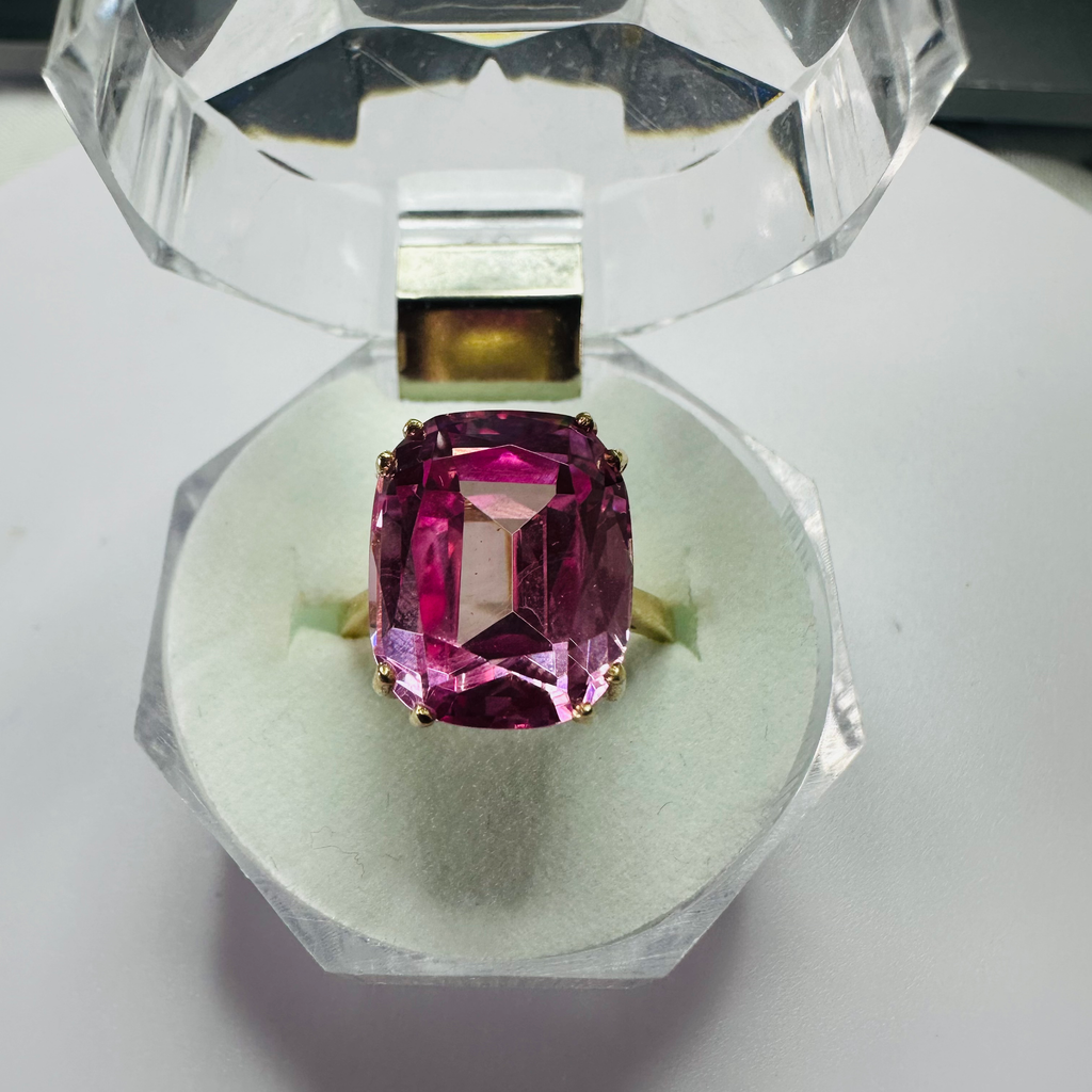 Hand cut Synthetic Sapphire Dusty Pink 9ct yellow gold ring size O 1/2 image 1