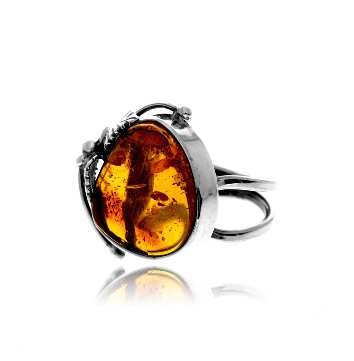 925 Sterling Silver & Genuine Cognac Baltic Amber Ring - Adjustable image 1