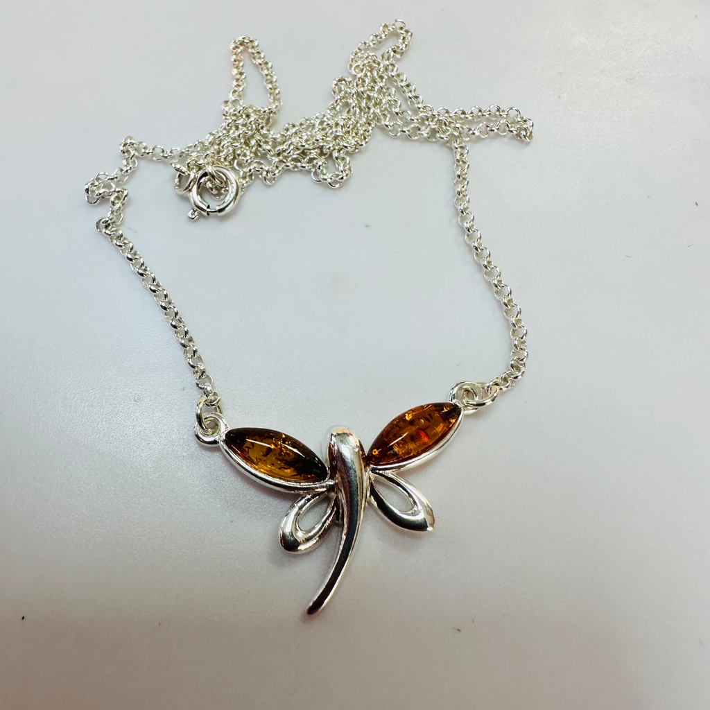 New Sterling Silver Amber Dragonfly necklace on 16 inch chain image 1