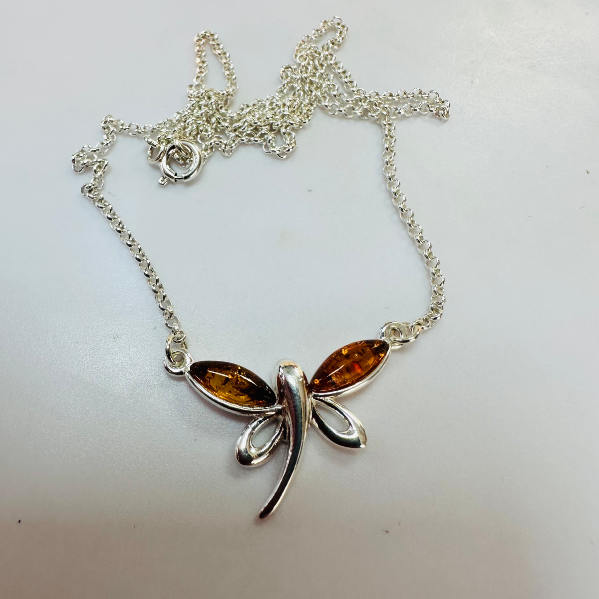New Sterling Silver Amber Dragonfly necklace on 16 inch chain image 1