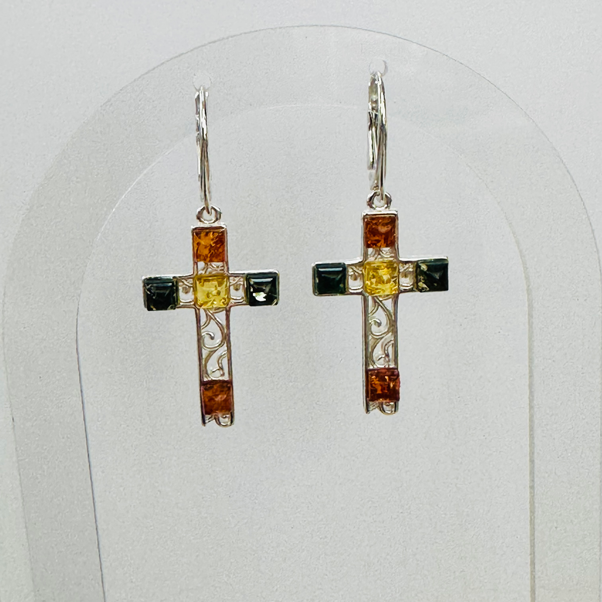New Sterling silver Amber Multi coloured Cross earrings image 3