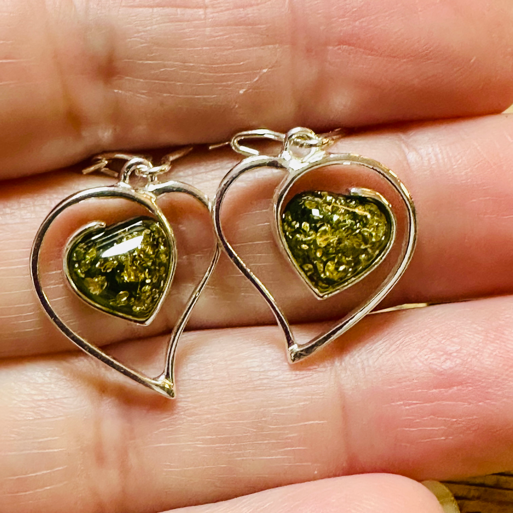 Sterling silver green amber heart earrings image 1