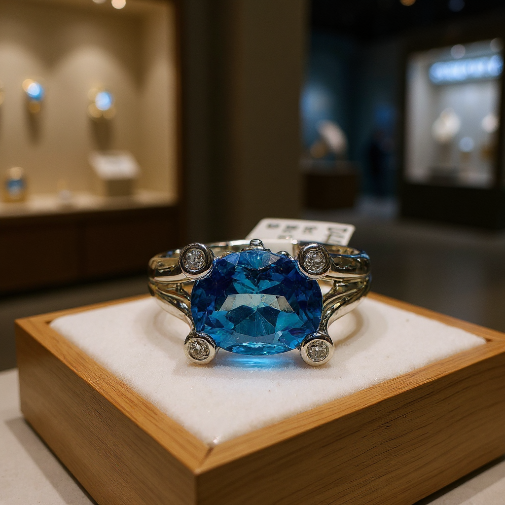 NEW 9ct Blue Topaz and Diamond Ring Size N 1/2 image 0