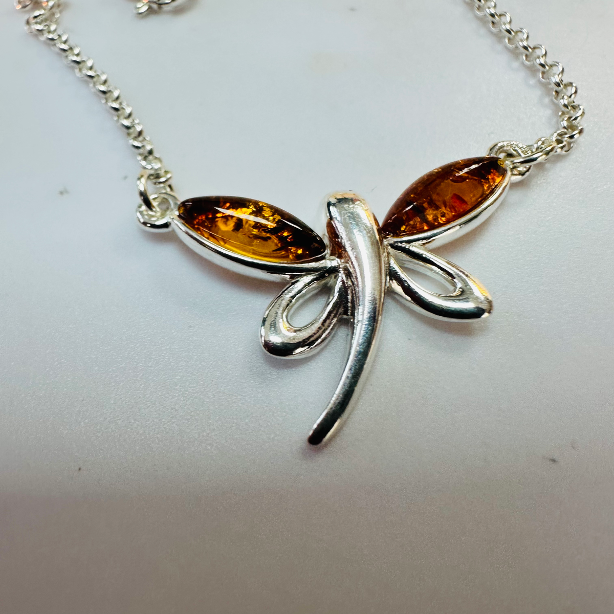 New Sterling Silver Amber Dragonfly necklace on 16 inch chain image 3