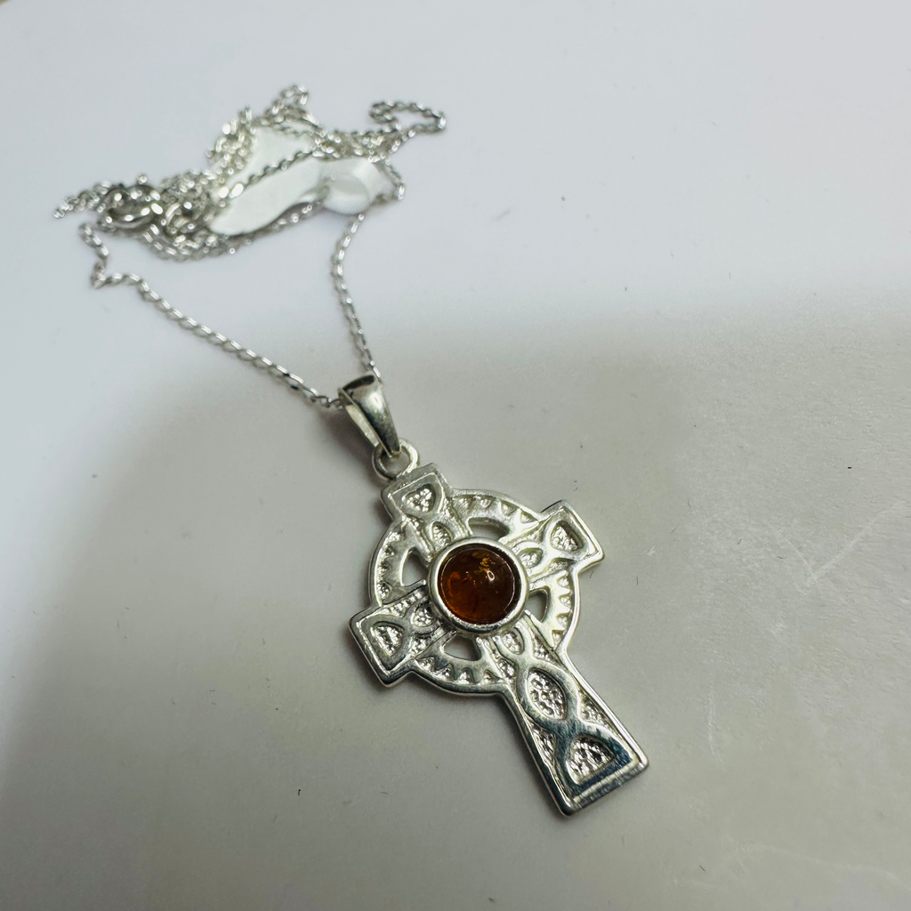Sterling silver celtic cross with amber 16in chain image 2