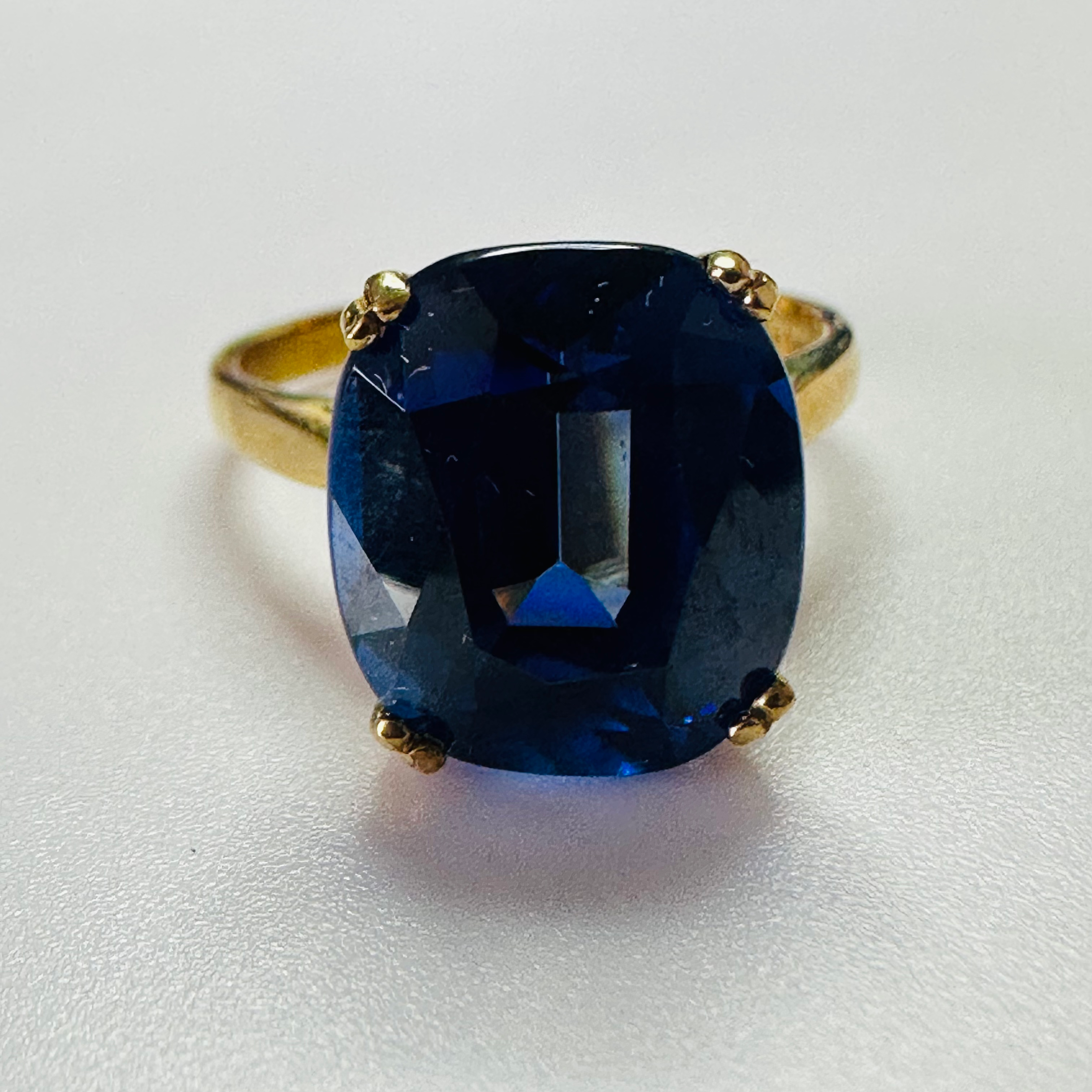 Hand cut Synthetic Sapphire Royal Blue  9ct yellow gold ring size N1/2 image 0