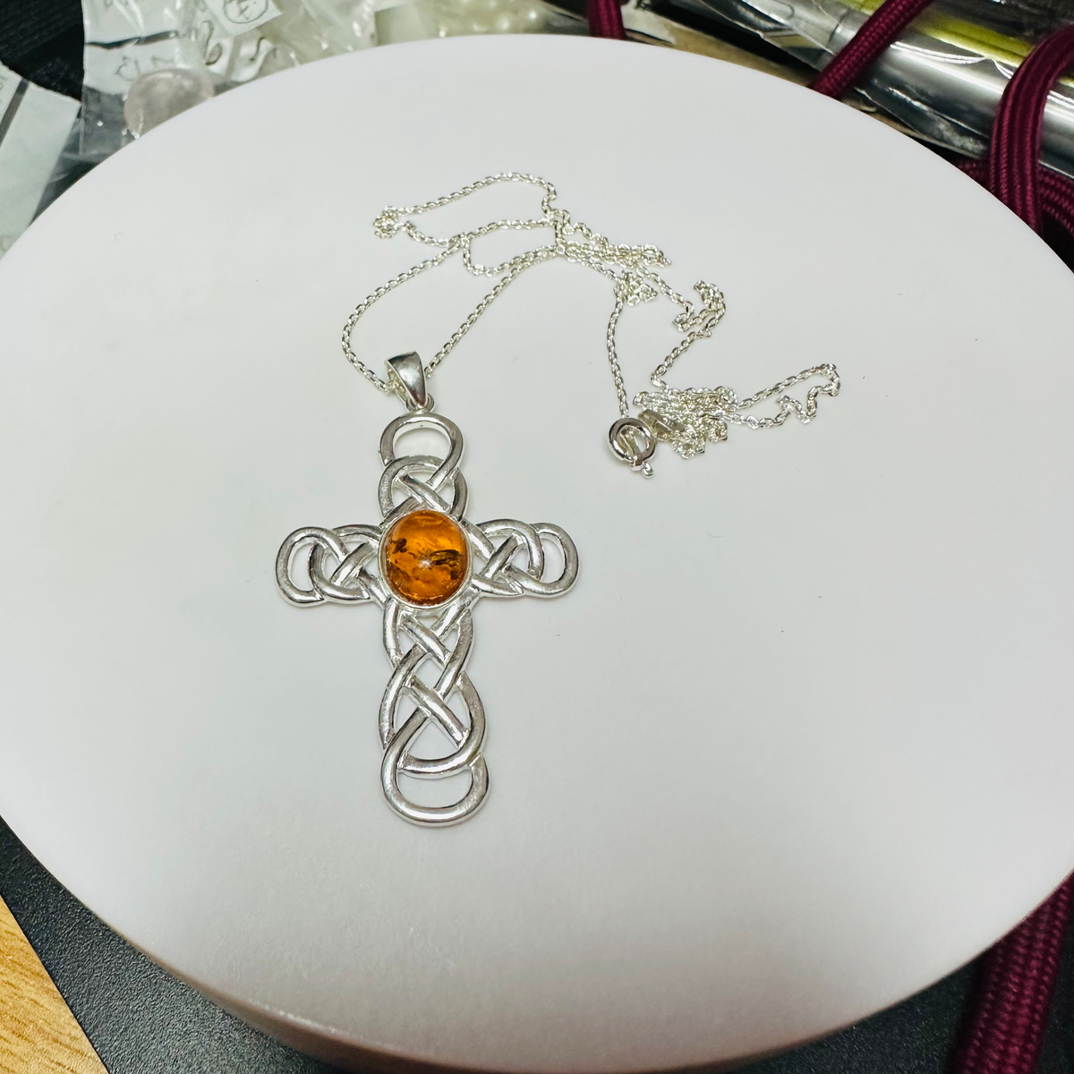 New Large sterling silver Celtic Amber cross 18inch  image 2