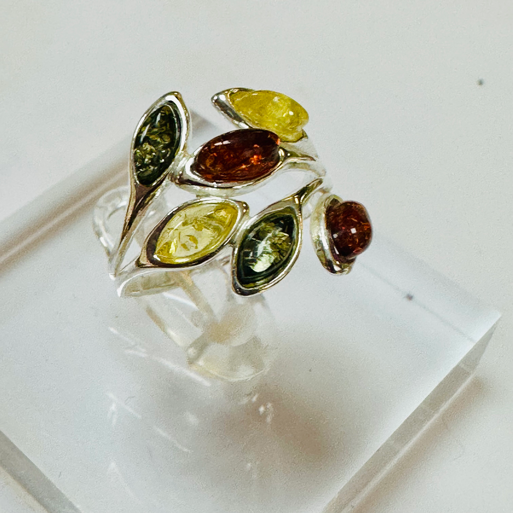 Sterling silver 3  colour Amber ring size M