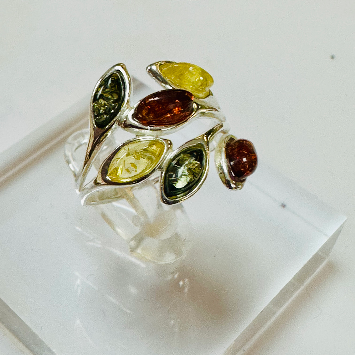 Sterling silver 3  colour Amber ring size M