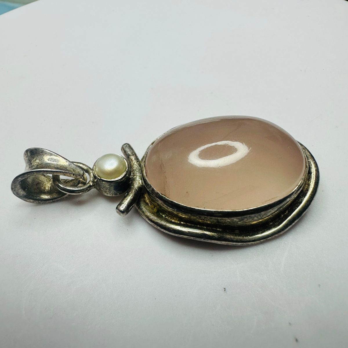 Sterling silver Rose quartz and pearl pendant 45mm