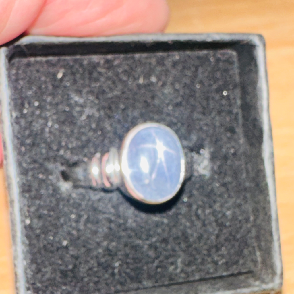 Blue Star Sapphire in white 9ct gold ring size  N1/2