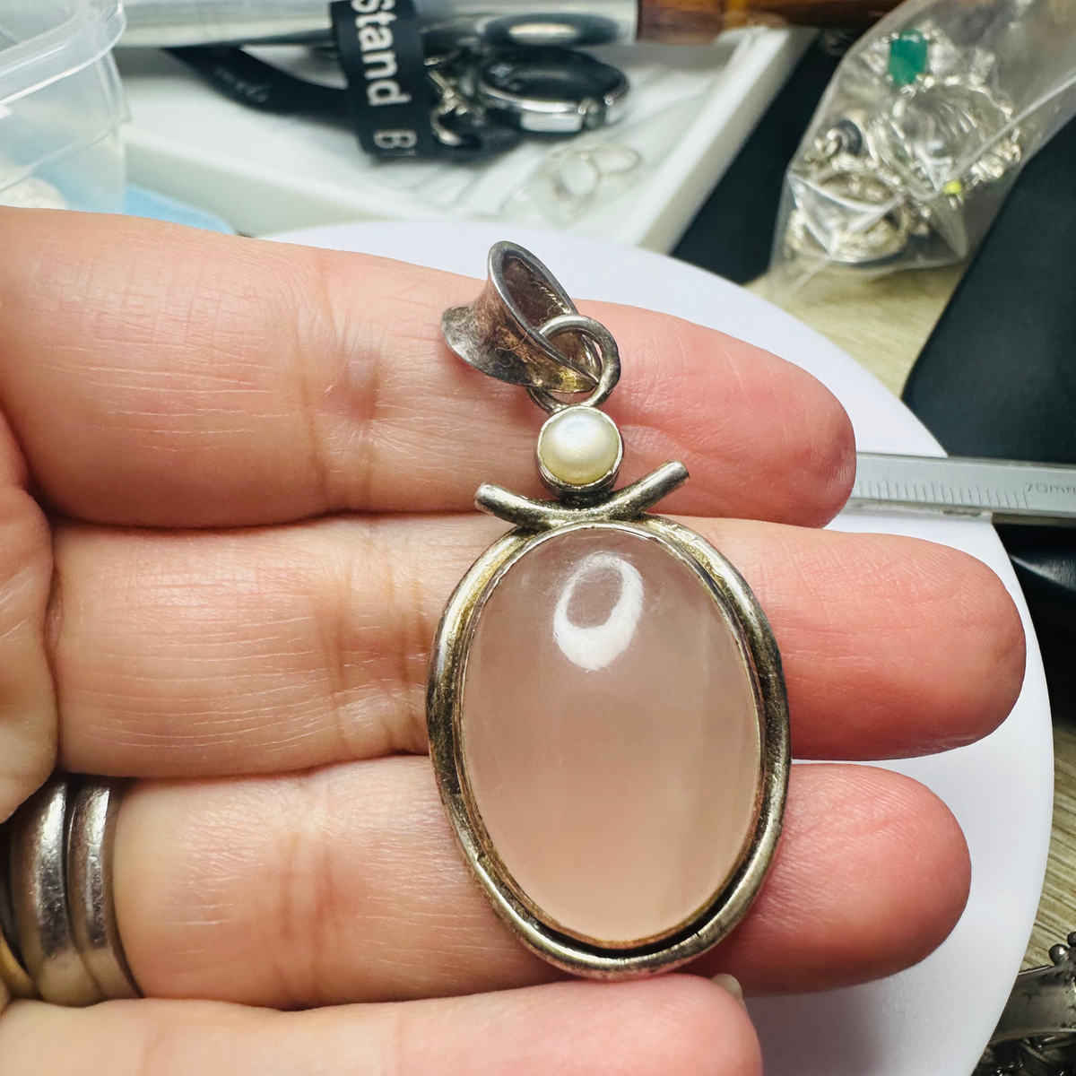 Sterling silver Rose quartz and pearl pendant 45mm