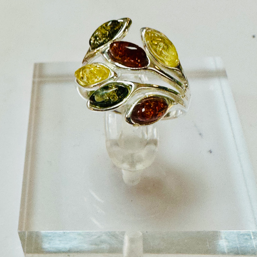 Sterling silver 3  colour Amber ring size M