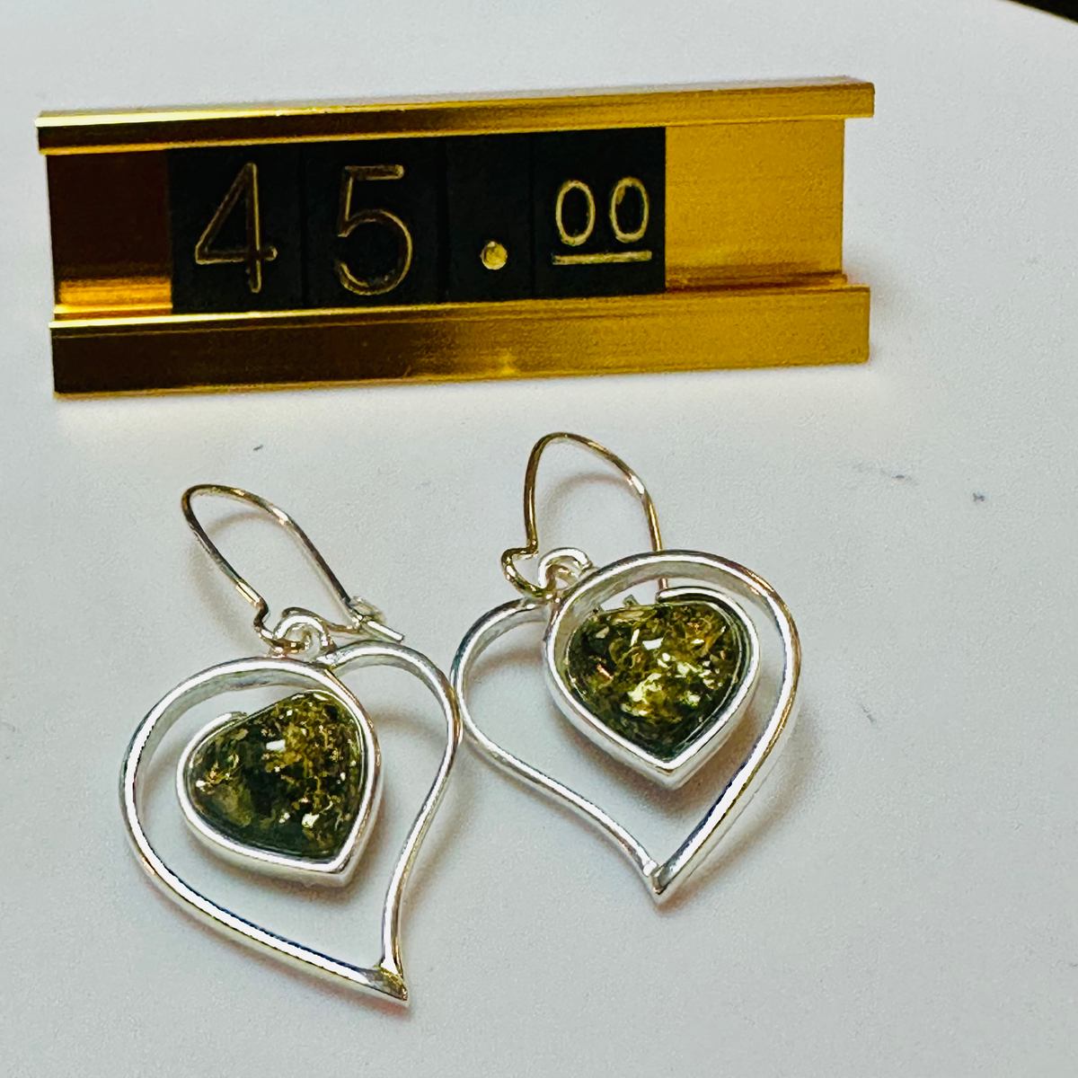 Sterling silver green amber heart earrings image 4