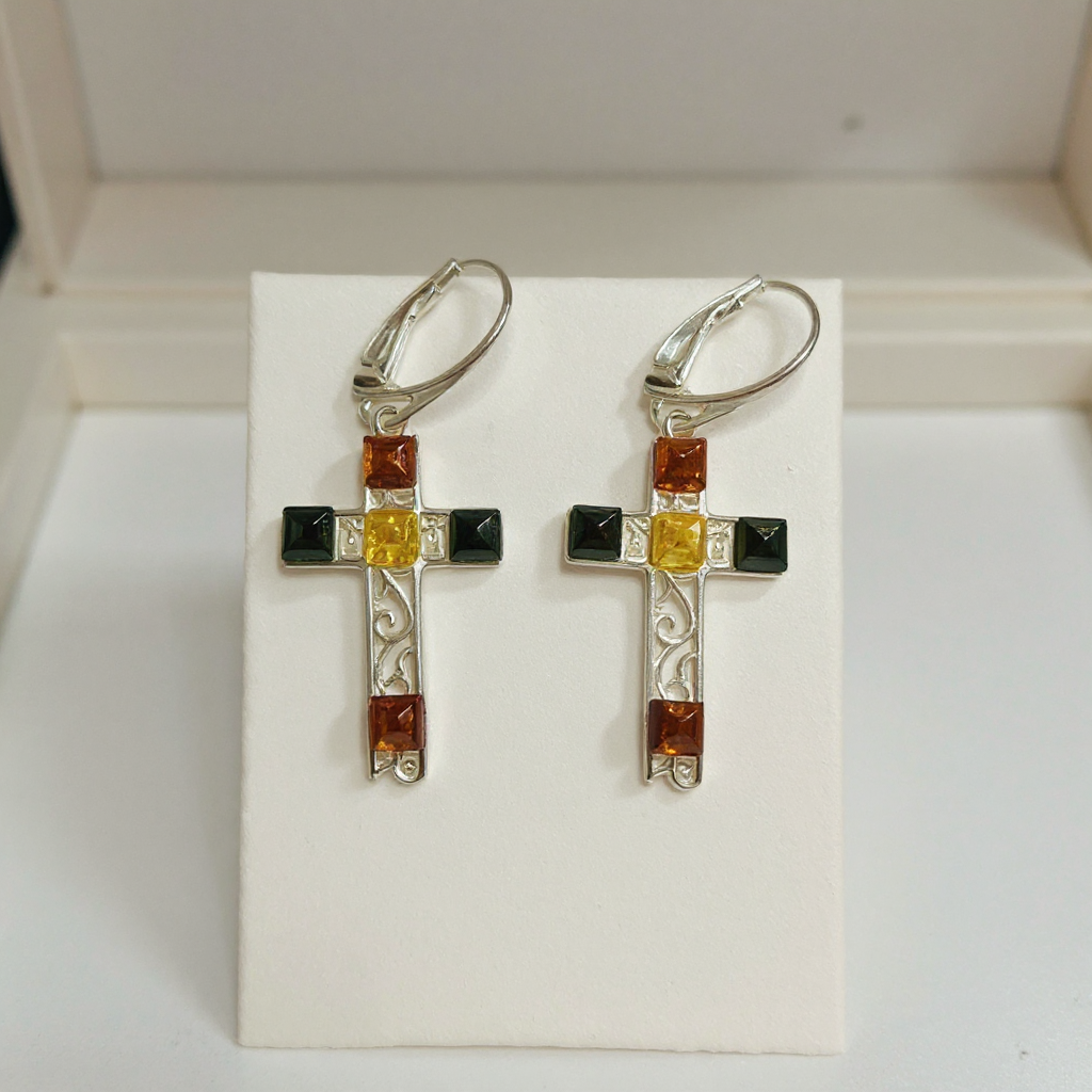 New Sterling silver Amber Multi coloured Cross earrings image 0