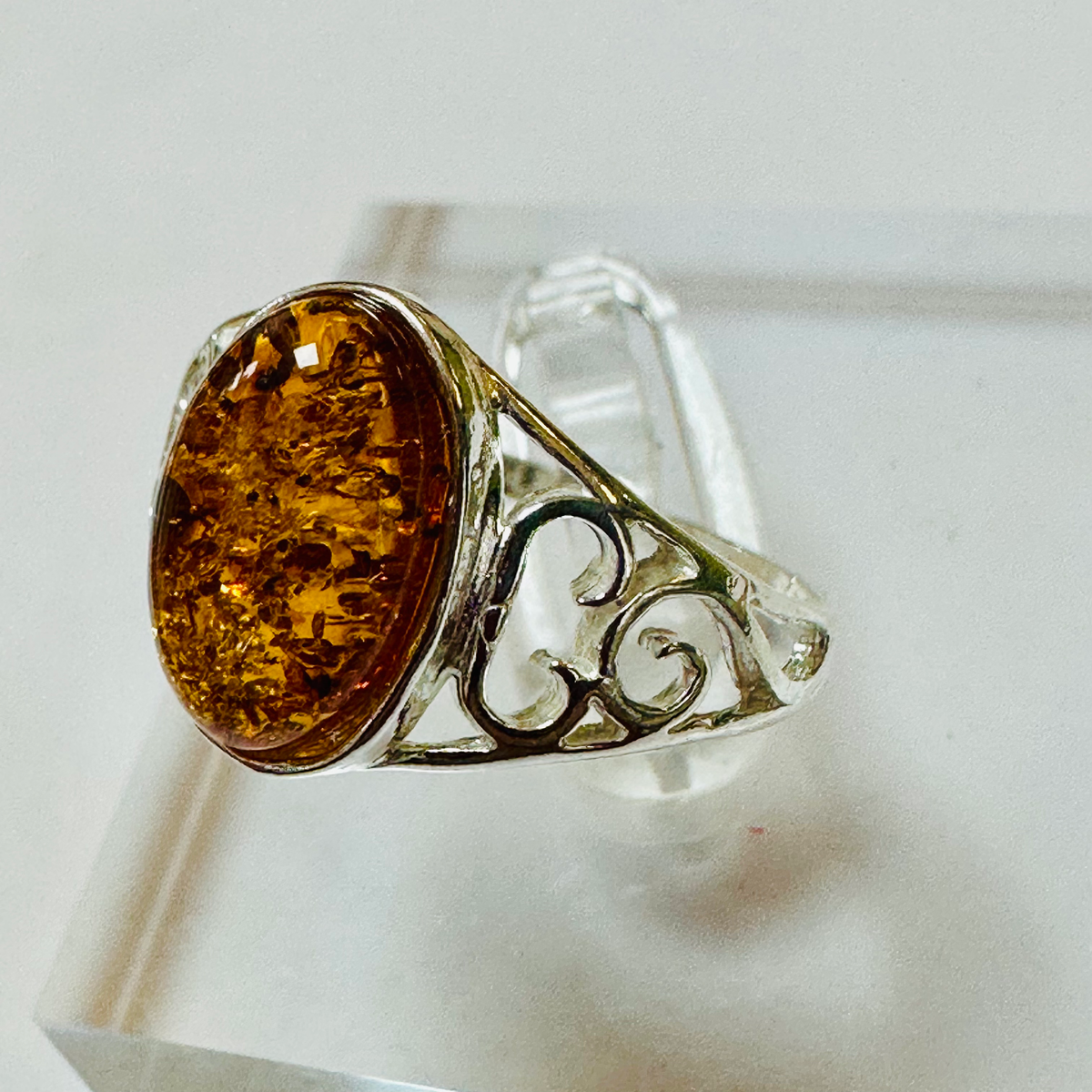 Sterling silver oval Amber ring size Q image 3