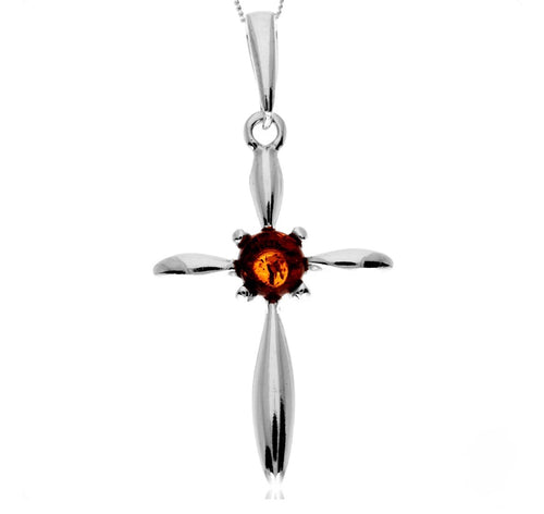 925 Steling Silver & Genuine Baltic Amber Modern Cross Pendant image 0