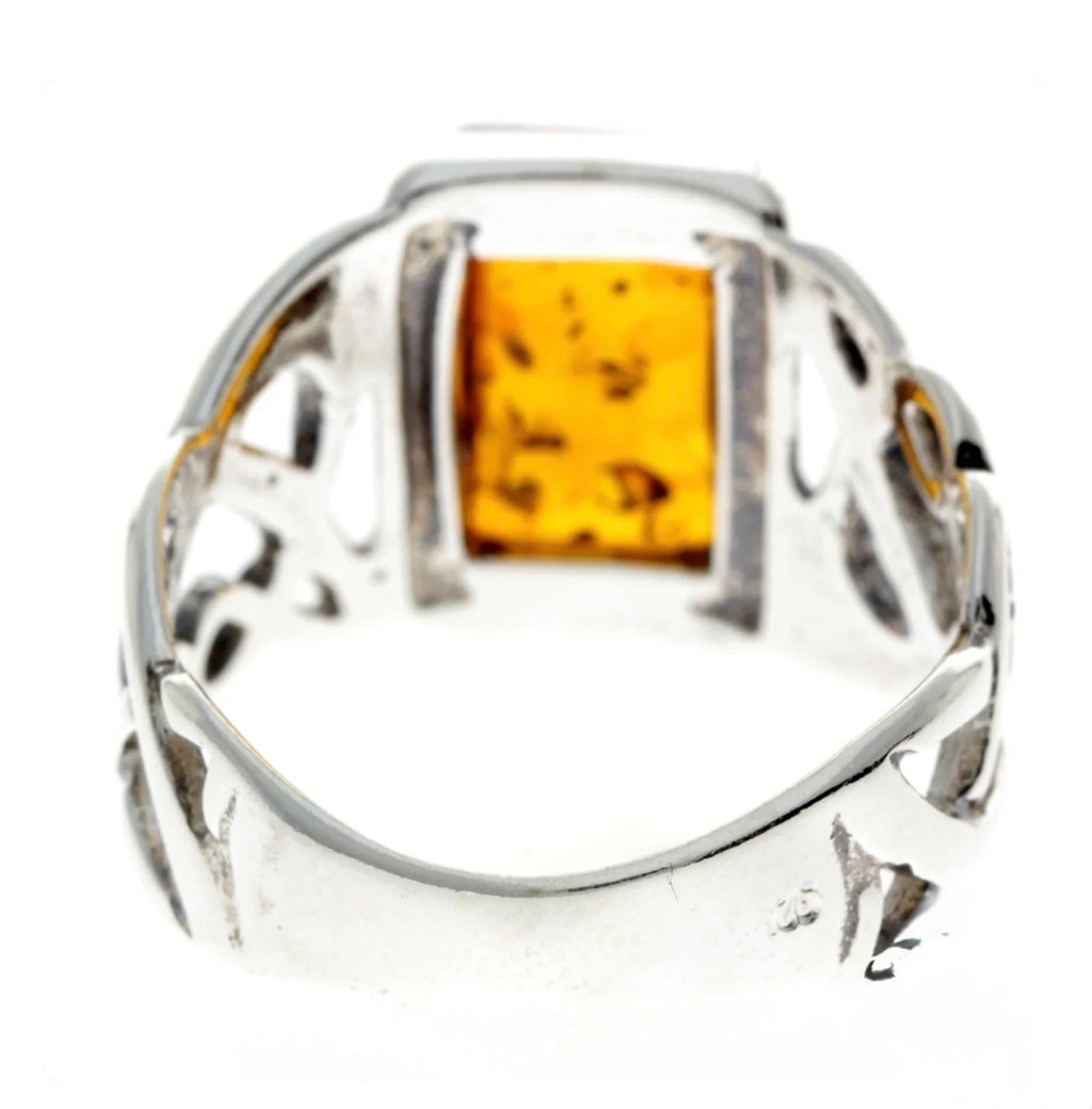 925 Sterling Silver & Rectangular Baltic Amber Celtic Large Ring O1/2 image 1