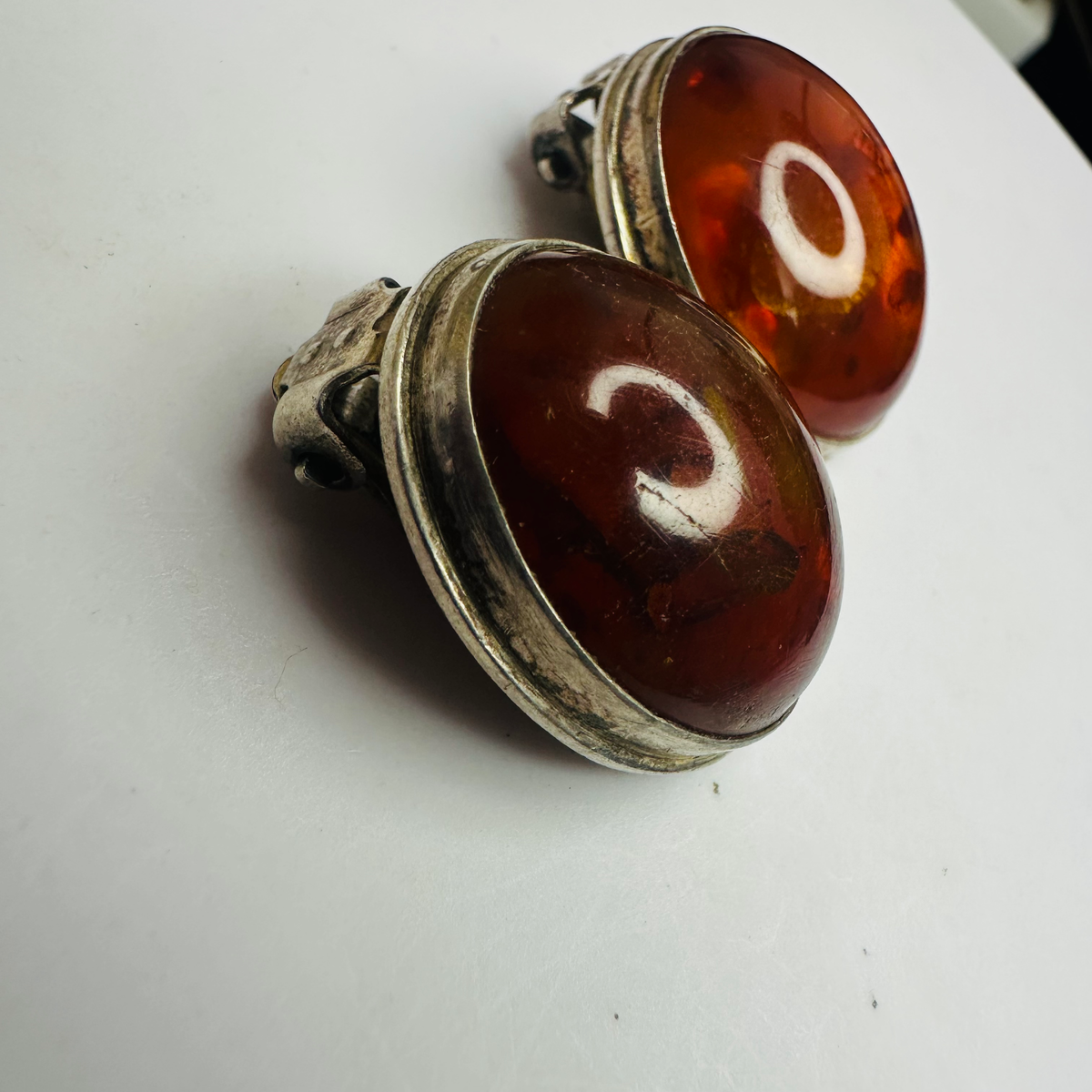Large Amber earrings clip on in 925 sterling silver image 1
