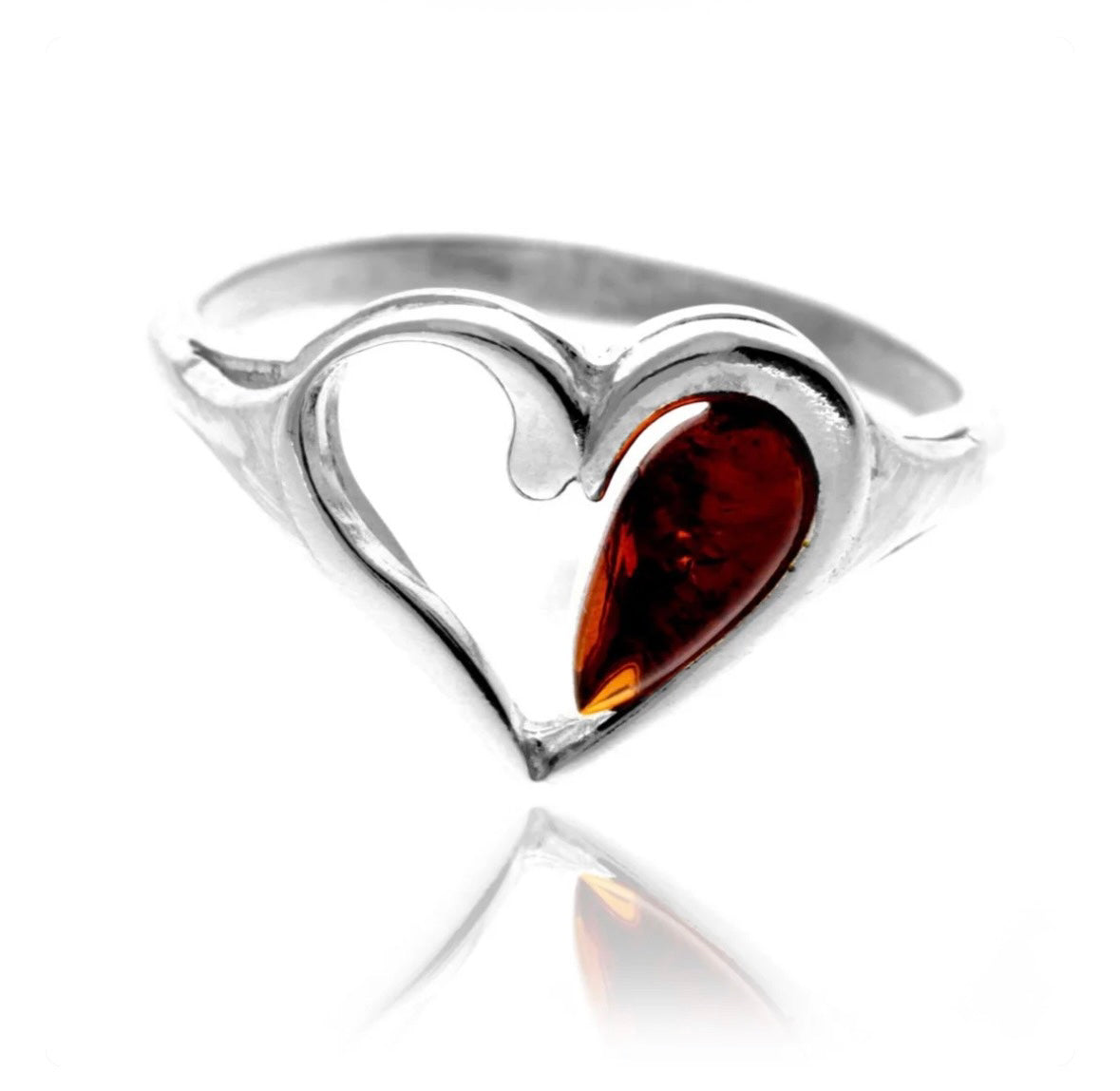 925 Sterling Silver & Genuine Baltic Amber Teardrop Heart Ring size Q image 0