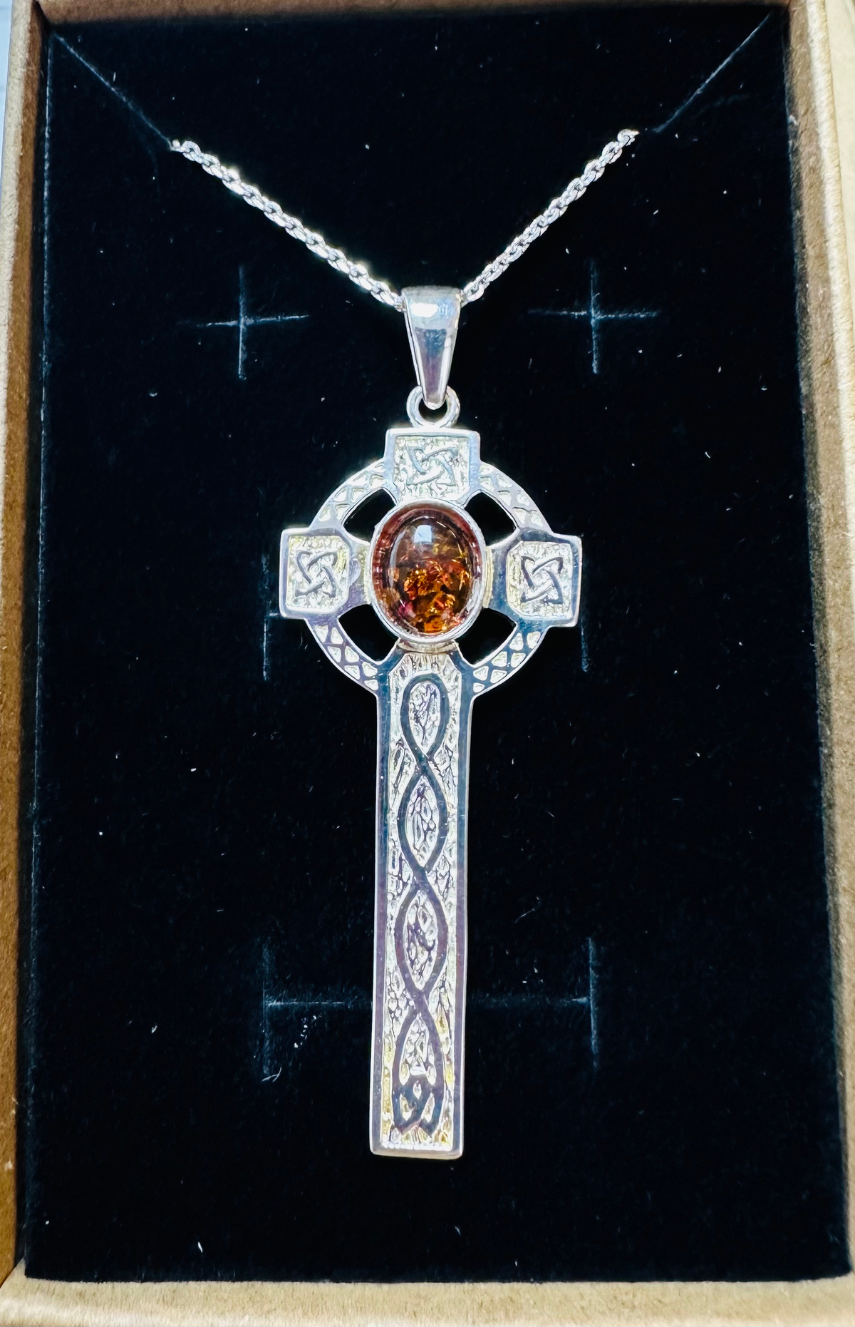 Sterling silver celtic cross with amber 18inch chain image 0